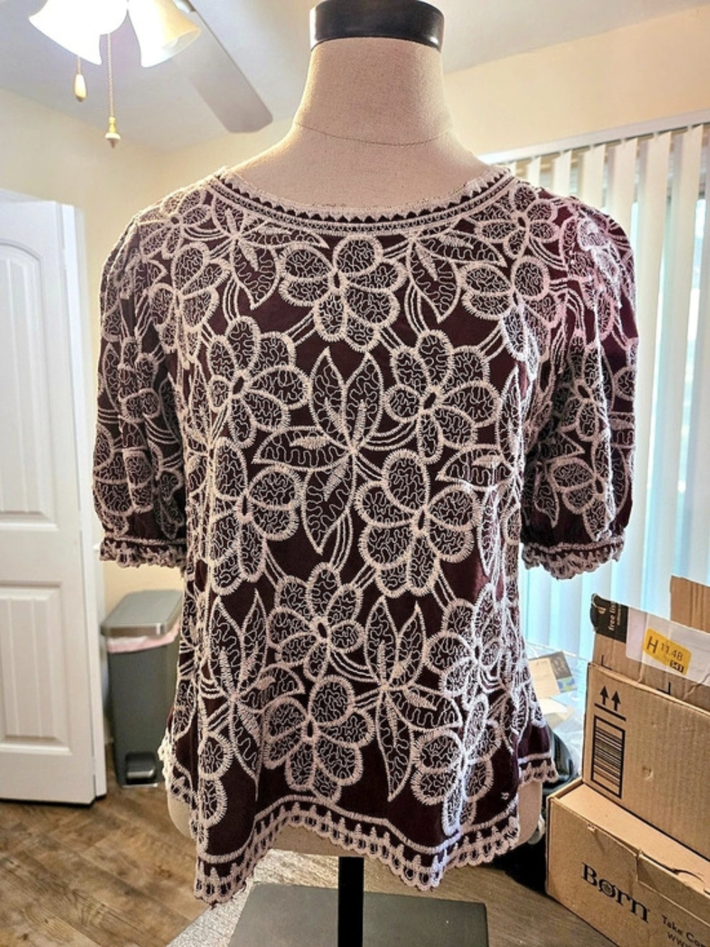 Floral Lace Blouse in Brown & White Like New